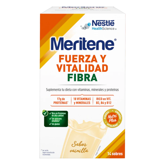 Meritene fibra sabor VAINILLA de 14 sobres de 35 gramos cada uno. Compra  online y recíbelo en 24 horas. quickfarma